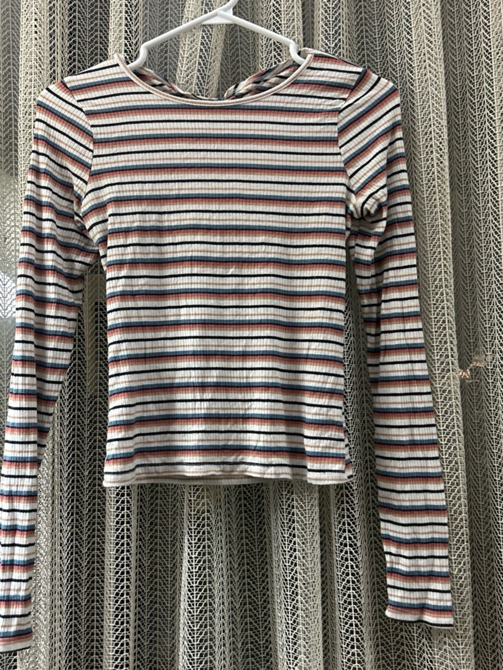 Striped Long-Sleeve Ribbed Top in Cream and Navy